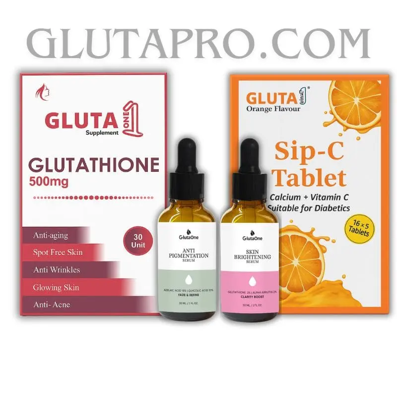Glutaone tablets , sip c antipigmentation serum and skin brightening serum