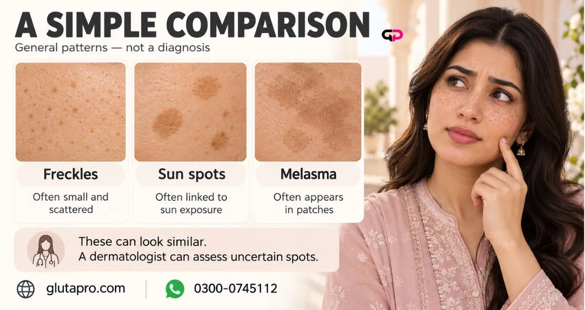 A simple visual comparison of freckles, sun spots and melasma- GlutaPro.com