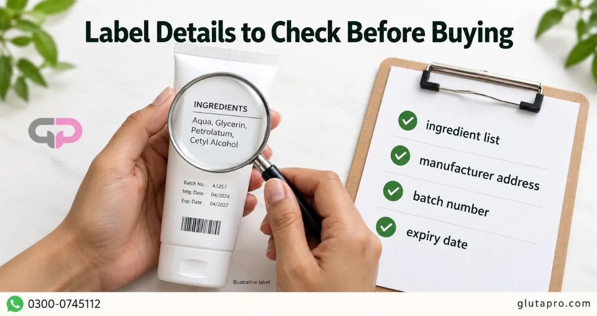 Checking whitening cream label details with magnifying glass and checklist