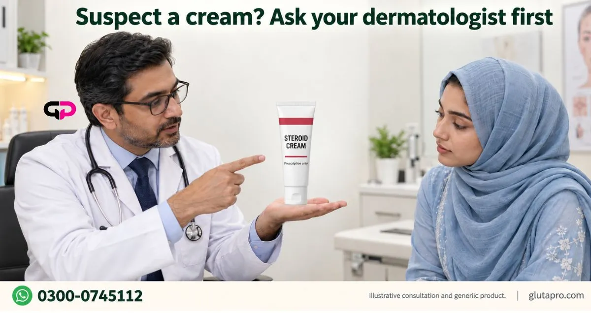 Dermatologist advising patient about suspect whitening cream