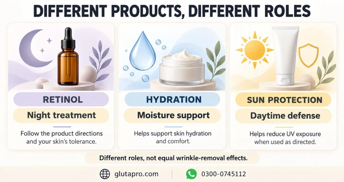 Different roles of retinol, hydration and sun protection products