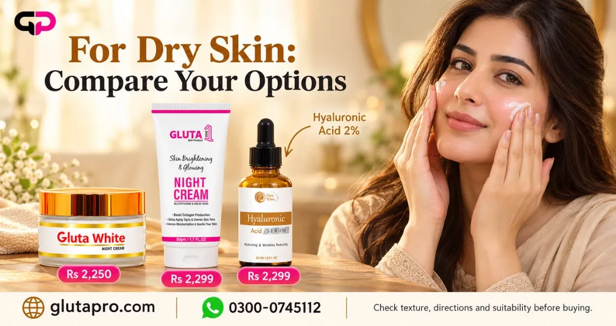 Gluta White Cream Jar Rs 2,250 and GlutaOne Night Cream Rs 2,299 with Hyaluronic Acid Serum Rs 2,299, options for dry skin