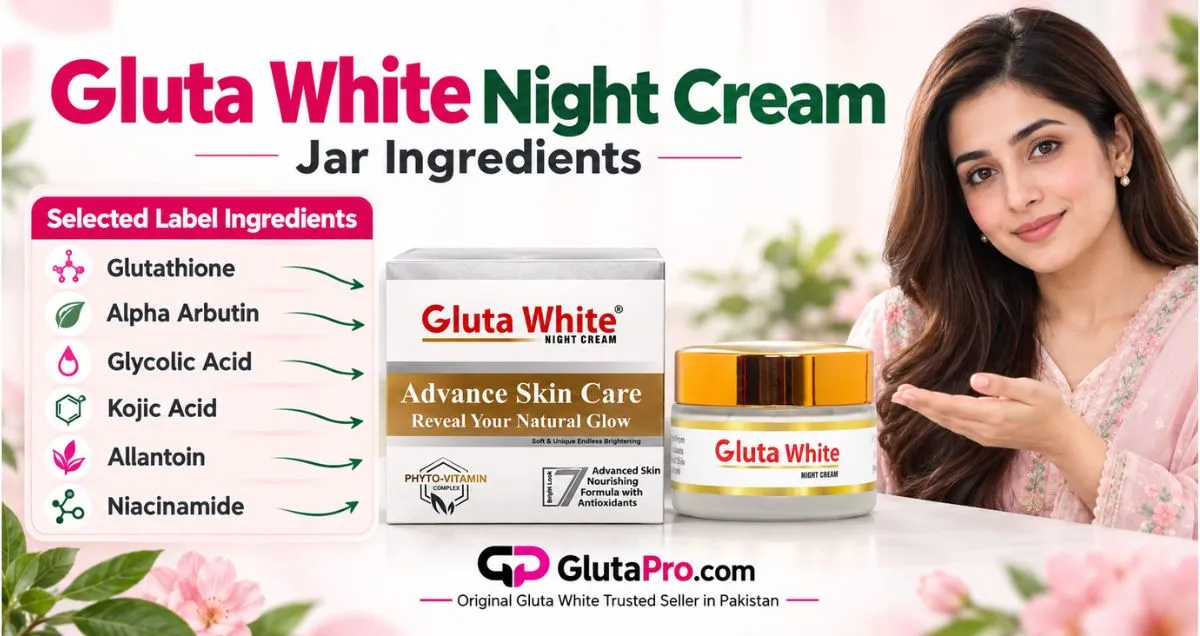 Gluta White cream jar with key ingredients glutathione, alpha arbutin, glycolic acid and kojic acid