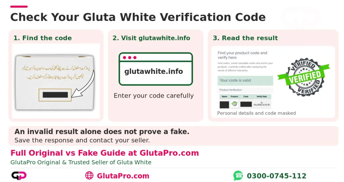 Gluta White verification code result showing Your code is valid with green VERIFIED badge on glutawhite.info