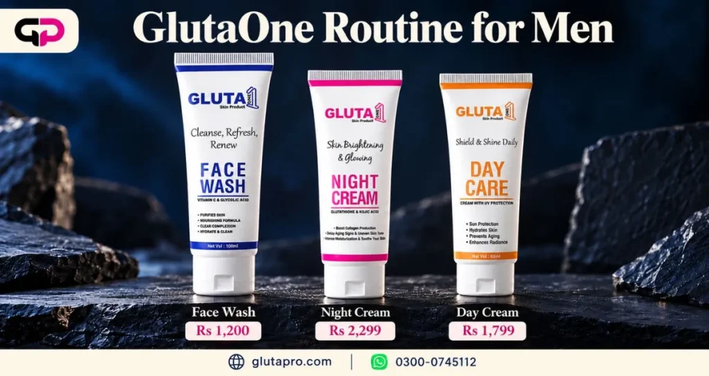 GlutaOne routine for men, face wash Rs 2,000, night cream Rs 2,299, day care cream Rs 1,799