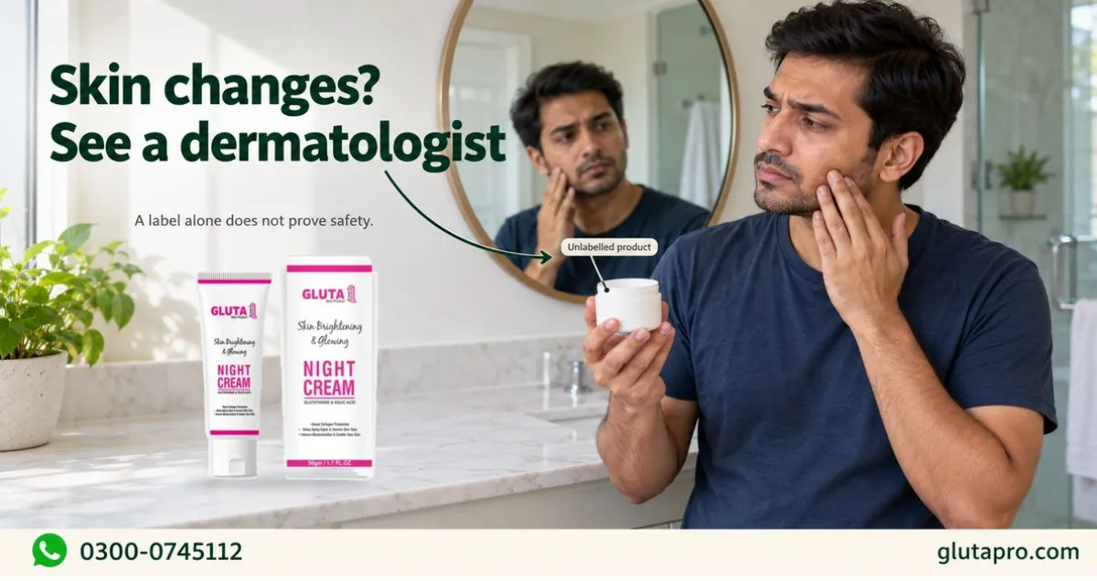 Man checking skin changes in mirror, advised to see a dermatologist