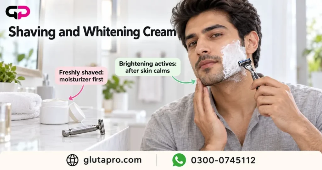 Man shaving and applying whitening cream, shaving tips for men using brightening products