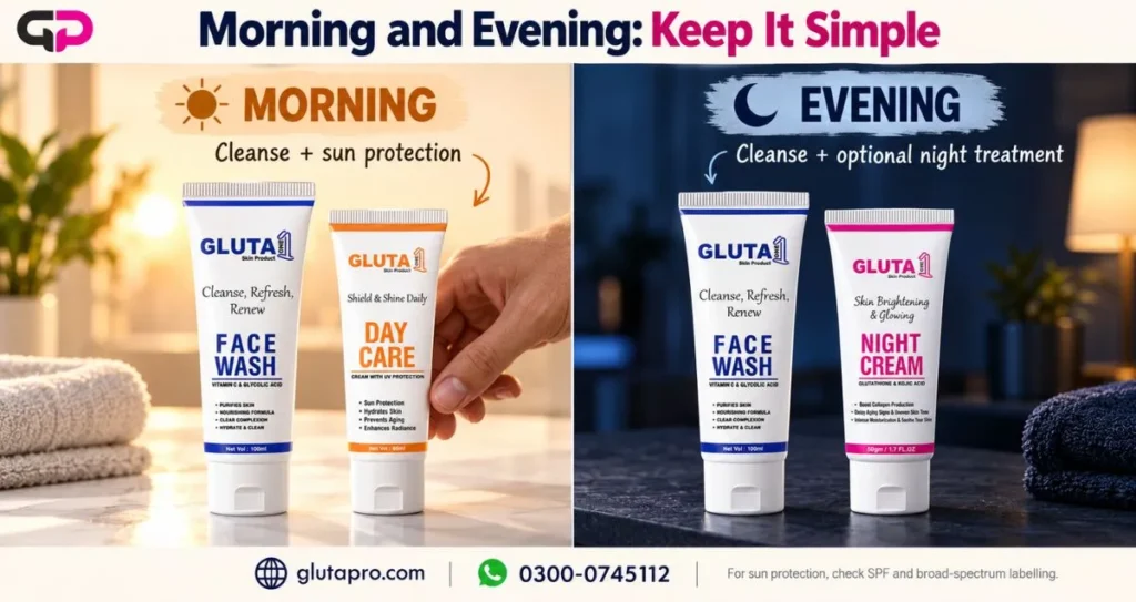 Morning and evening skincare routine for men, cleanse and sun protection in morning, night treatment in evening
