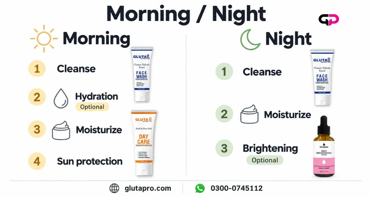 Morning and evening winter skincare steps with optional treatments