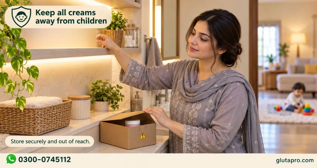Mother keeping creams away from children, mercury safety at home
