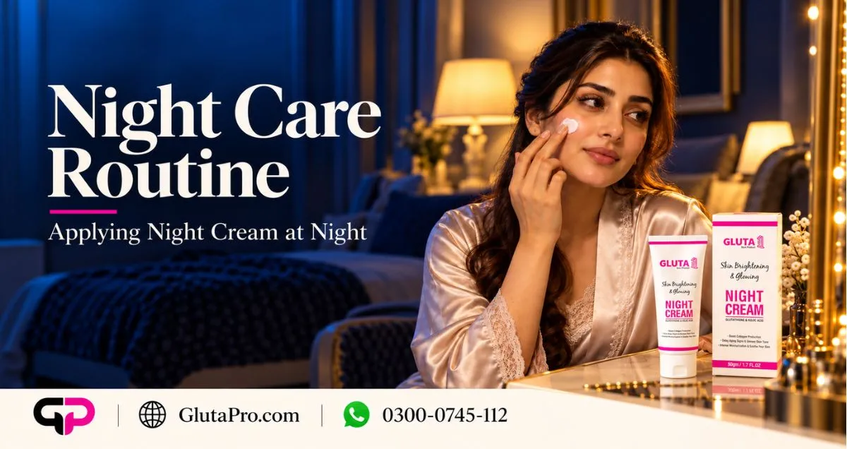 Night care routine applying night cream at night in pea-sized amount