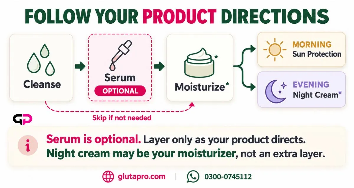 Skincare application sequence with optional treatment and moisturizing steps