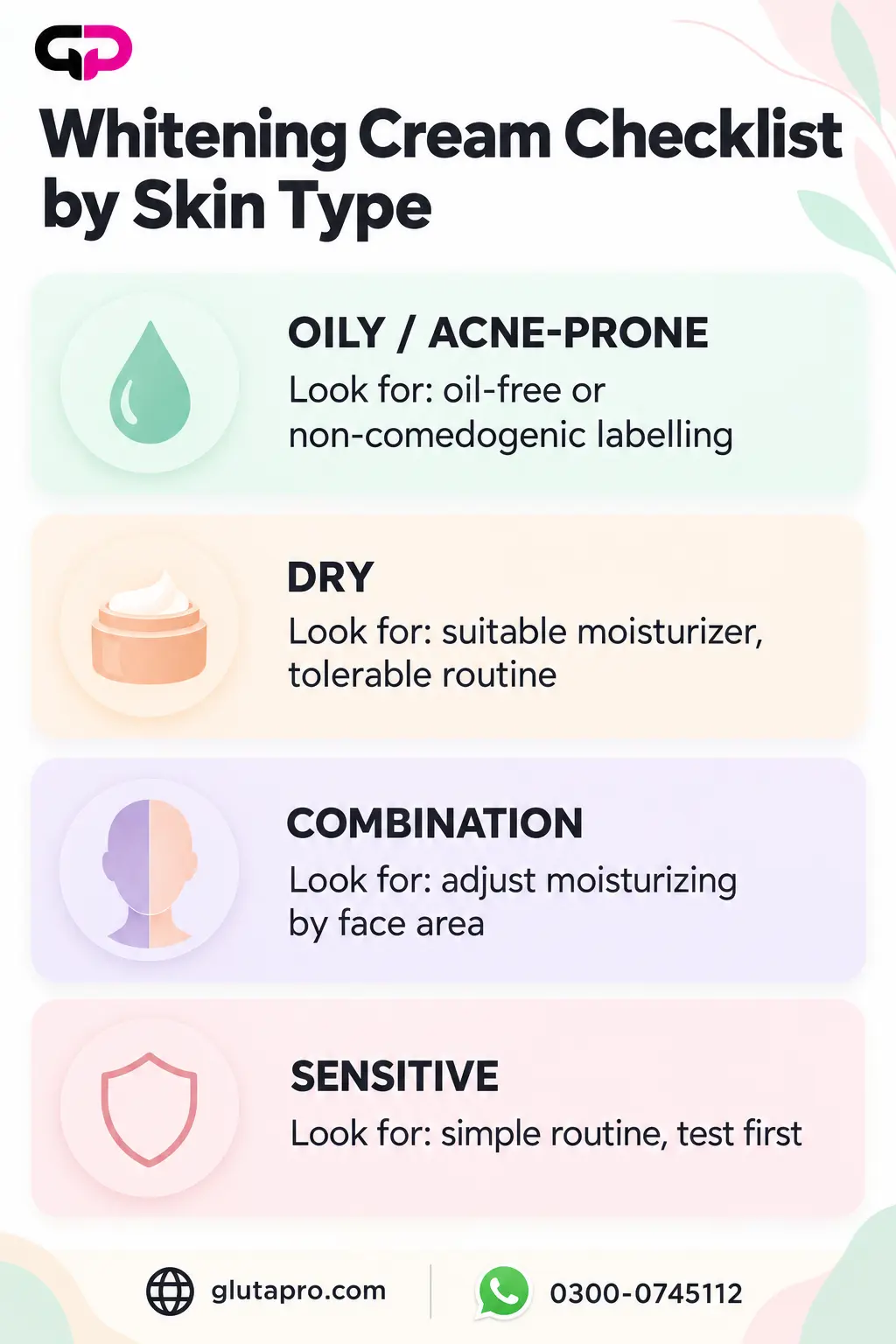 Whitening cream checklist by skin type oily, dry, combination and sensitive skin