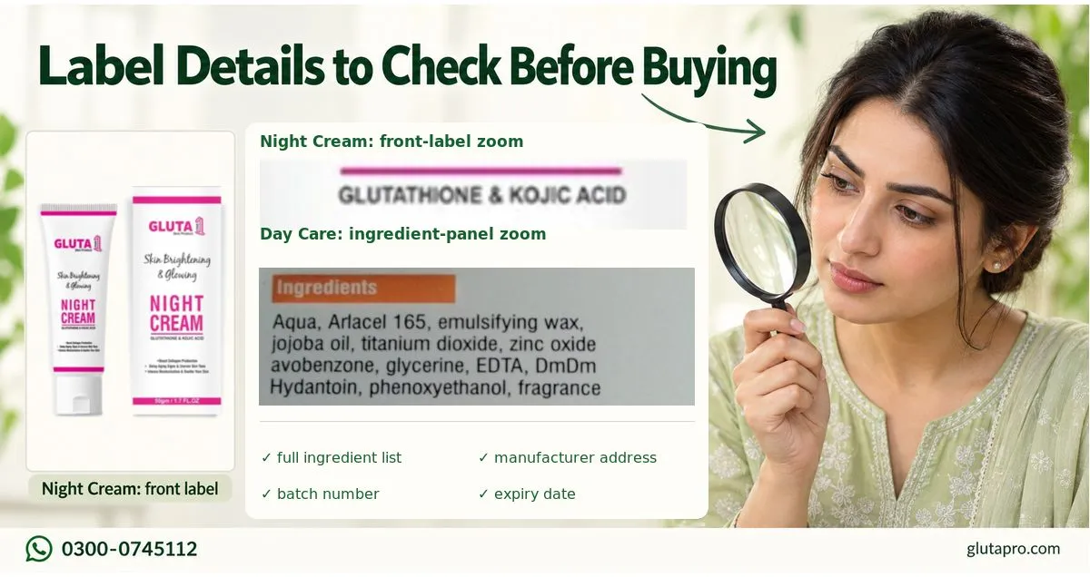Whitening cream ingredient list closeup with magnifying glass