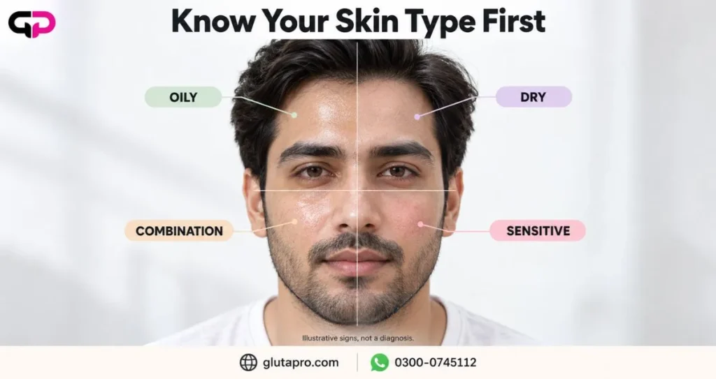 Know your skin type first, oily dry combination and sensitive zones shown on a man's face